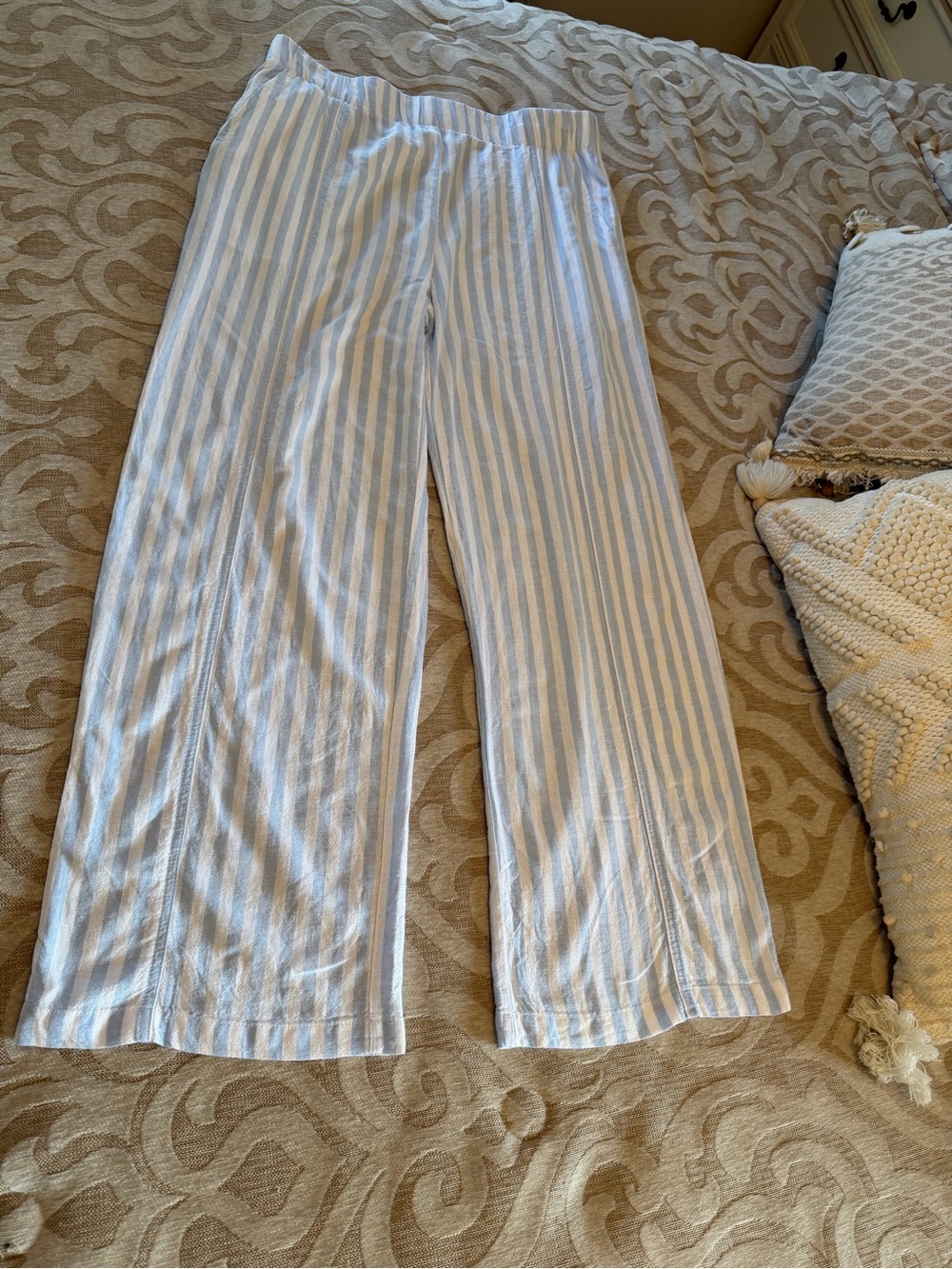Coastal Comfort Blue White Striped Linen Blend Wide Leg Pants M - Picture 3 of 14
